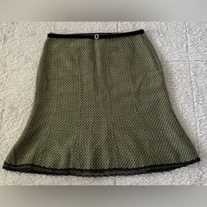 Worthington Green Multi A-Line Skirt Knee-Length w/ Lace Detail Hem, Velvet Belt